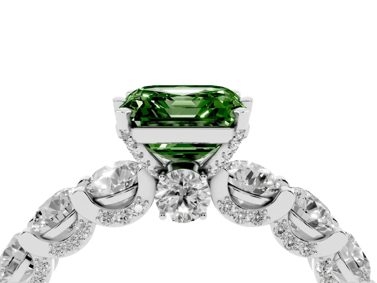 Fancy Green Asscher Cut Diamond Side Stone Engagement Ring with Four-Prong Setting White gold