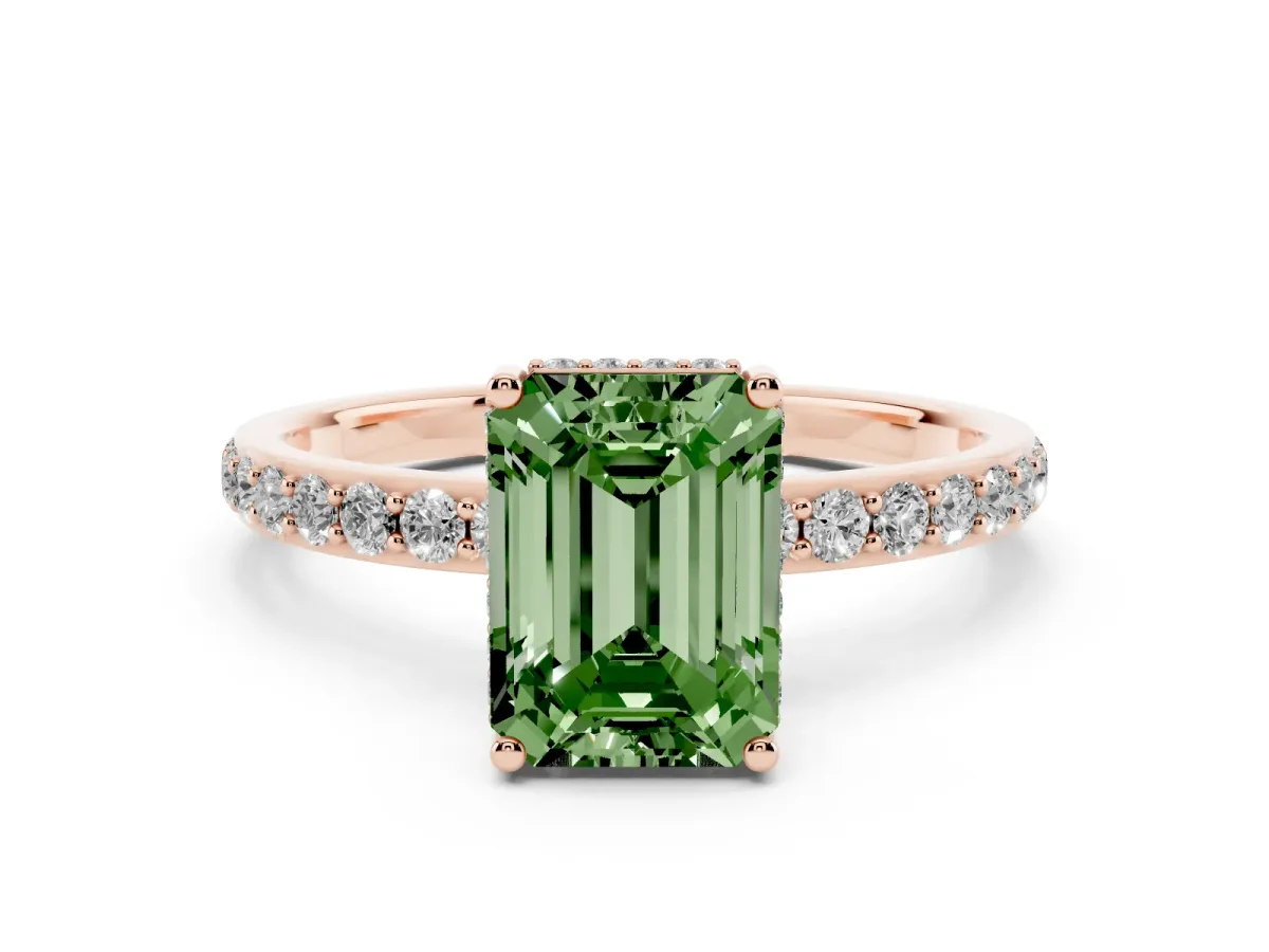 Fancy Green Emerald Cut Diamond Solitaire Ring with Pavé Band and Hidden Halo Rose gold