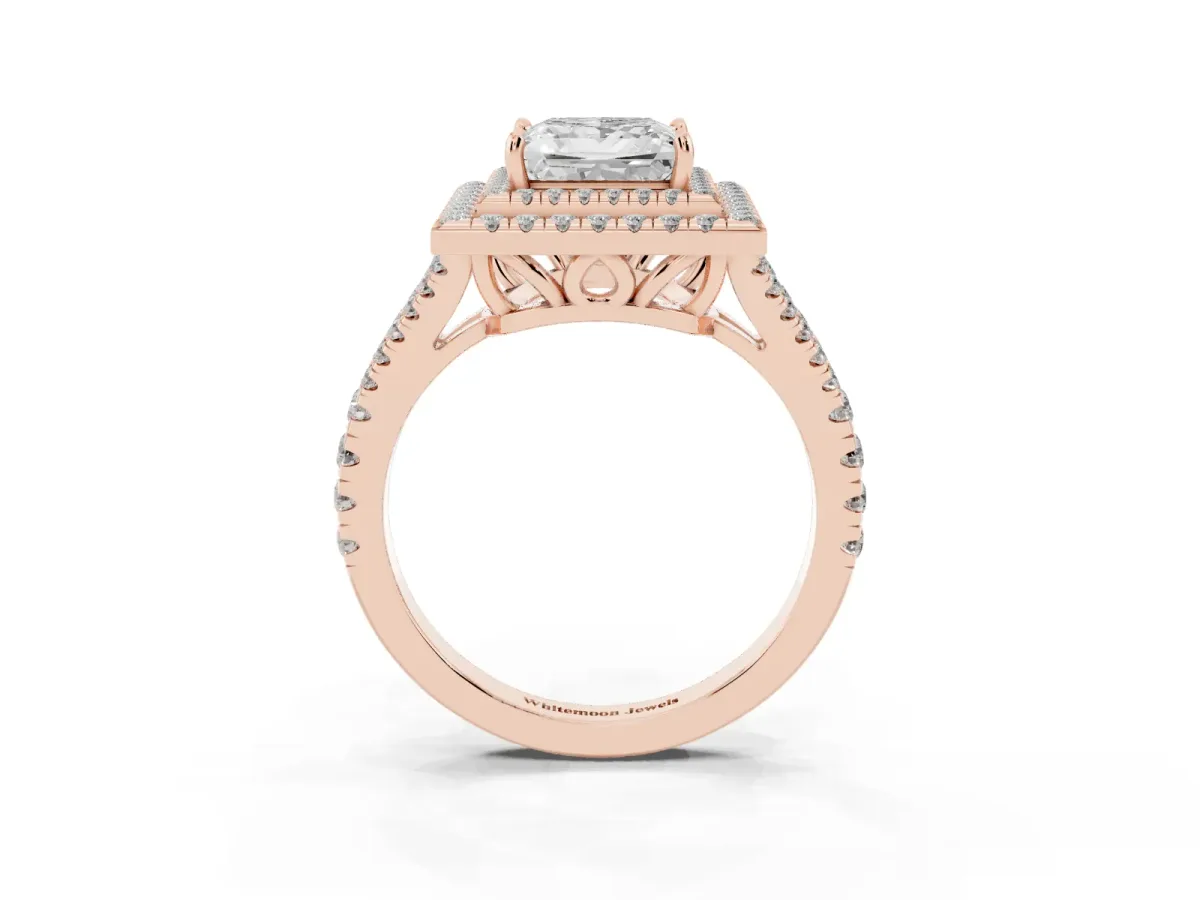 Princess Cut Diamond Double Halo Ring with Pavé Band and Prong Setting Rose gold