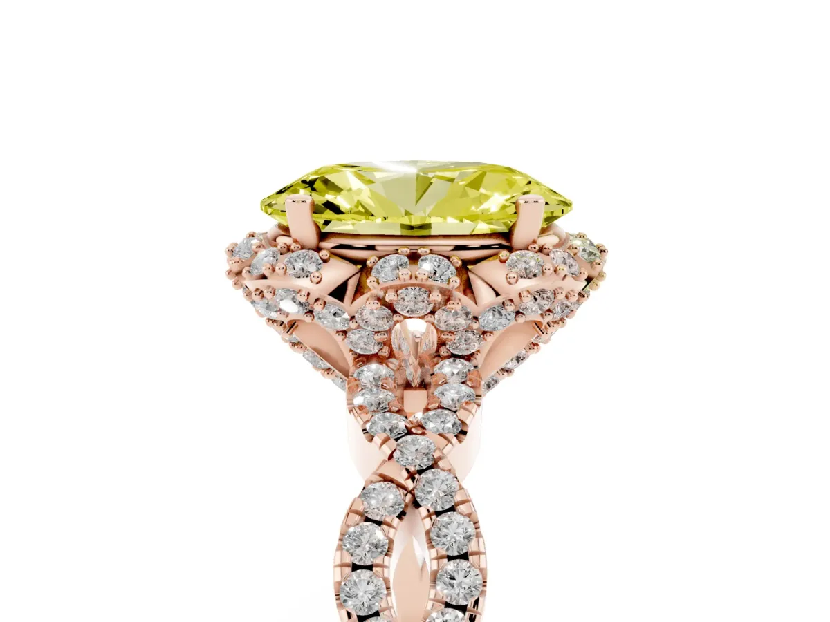 Fancy Yellow Oval Cut Halo Twist Band Solitaire Ring with Six-Prong Setting Rose gold