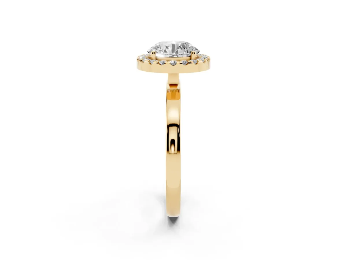 Round Cut Halo Diamond Solitaire with Pavé Band and Four-Prong Setting Yellow gold