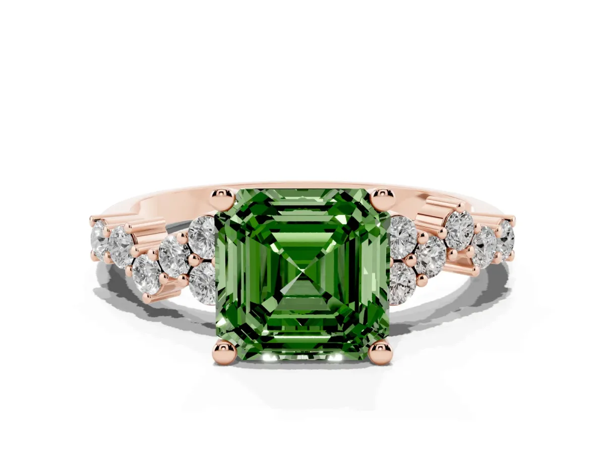 Fancy Green Asscher Cut Diamond Scattered Round Accent Ring with Prong Setting Rose gold