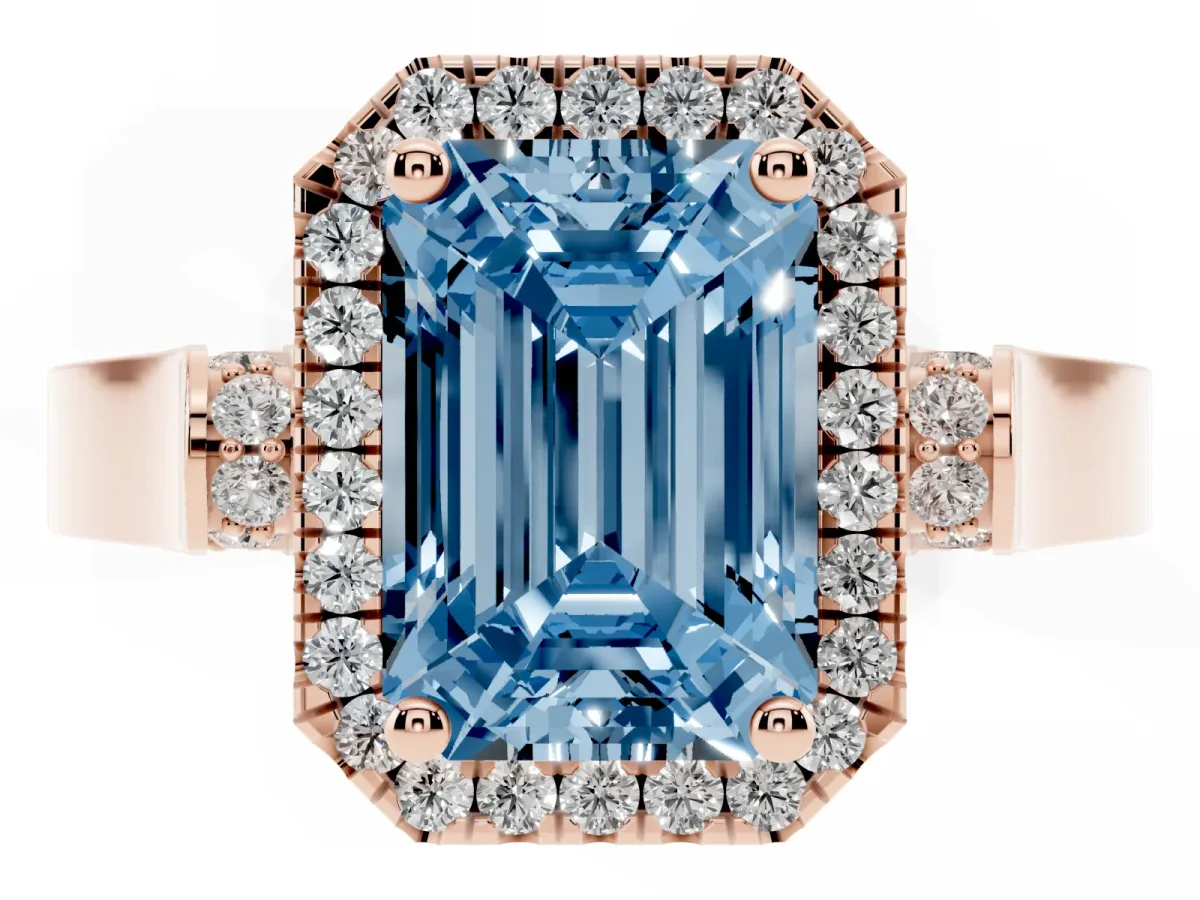 Fancy Blue Emerald Cut Halo Pave Split Shank Prong Setting Ring Rose gold