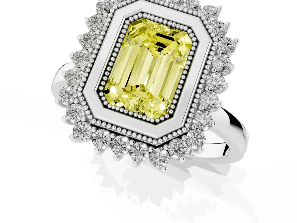 Fancy Yellow Emerald Cut Halo Diamond Ring with Milgrain Edge and Round Prong Setting Silver