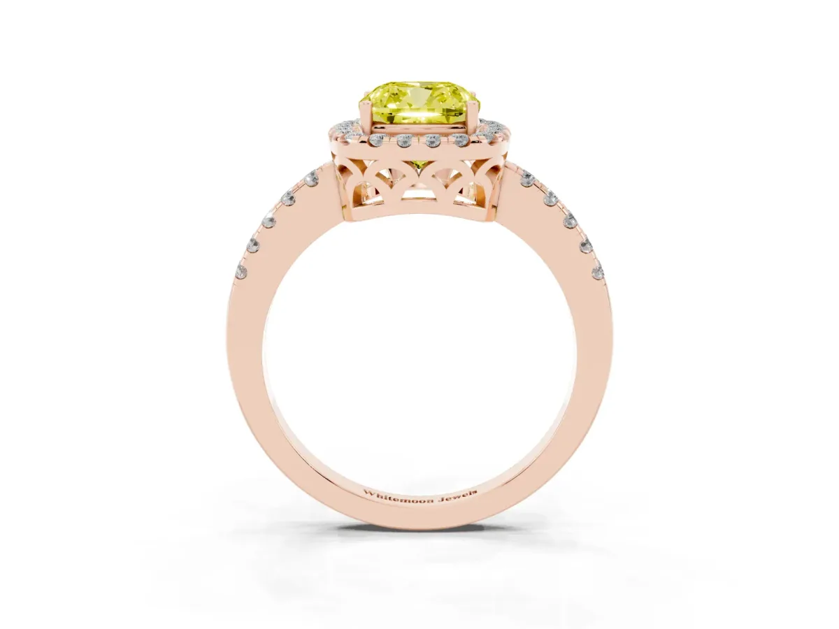 Fancy Yellow Cushion Cut Halo Diamond Engagement Ring with Pavé Band and Four-Prong Setting Rose gold