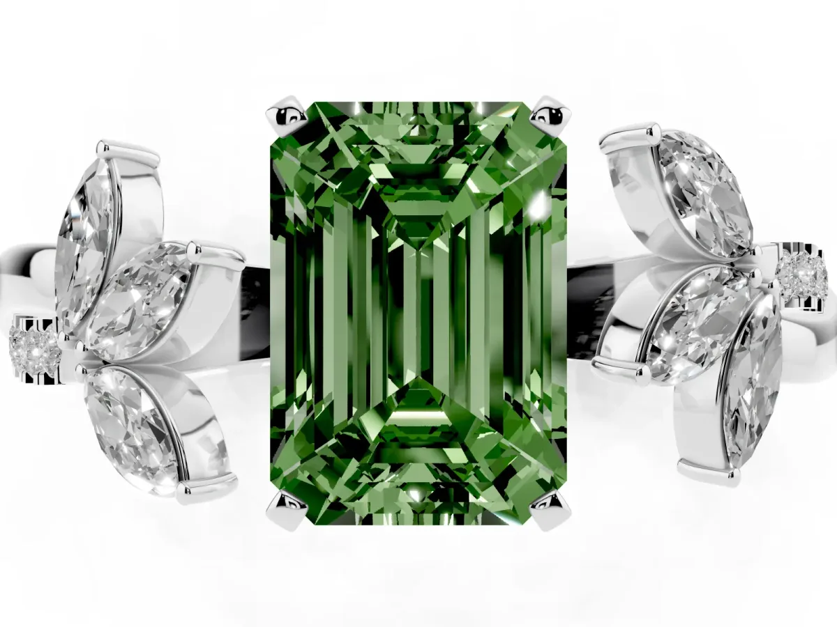 Fancy Green Emerald Cut Diamond Floral Vine Solitaire Engagement Ring Platinum