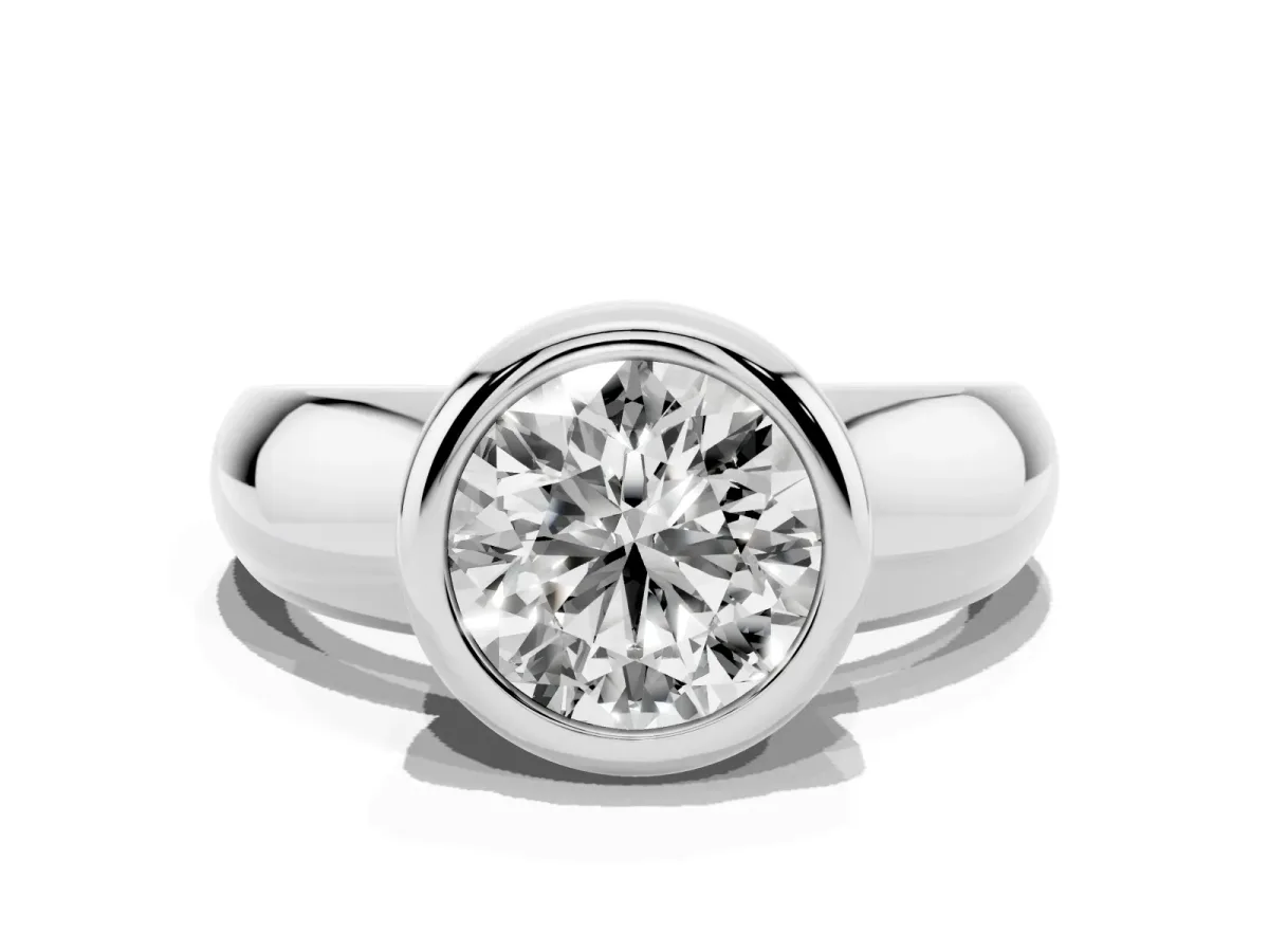 Bezel Set Round Cut Solitaire Ring with Wide Band Platinum