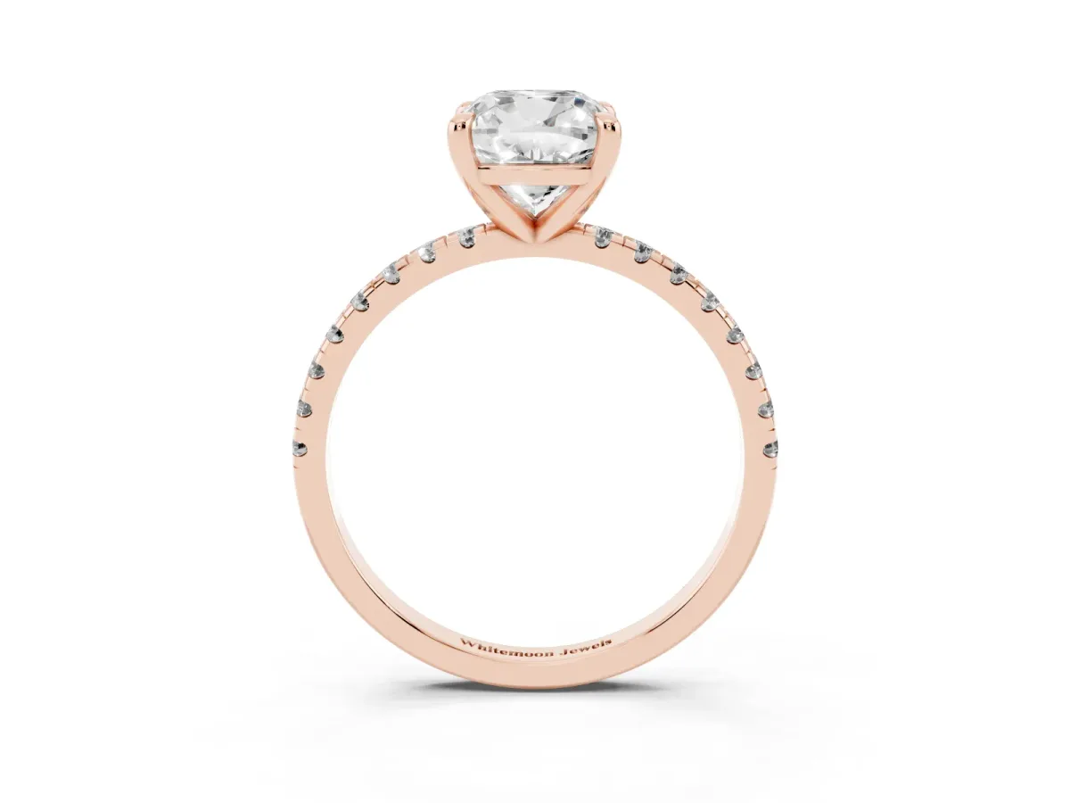 Cushion Cut Diamond Brilliant Solitaire Ring with Pavé Band and Four-Prong Setting Rose gold