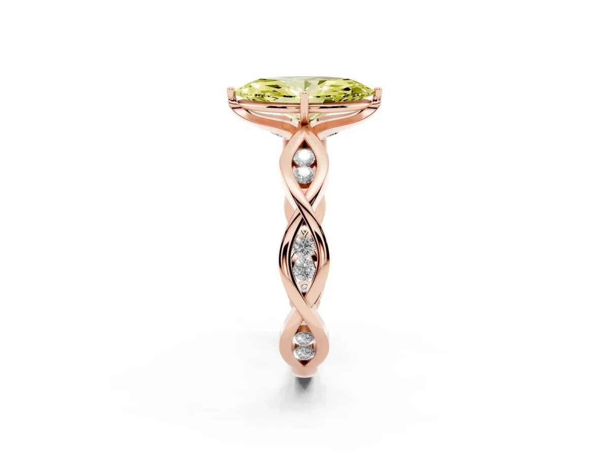 Fancy Yellow Marquise Cut Solitaire Twist Band with Leaf Prong Setting Rose gold