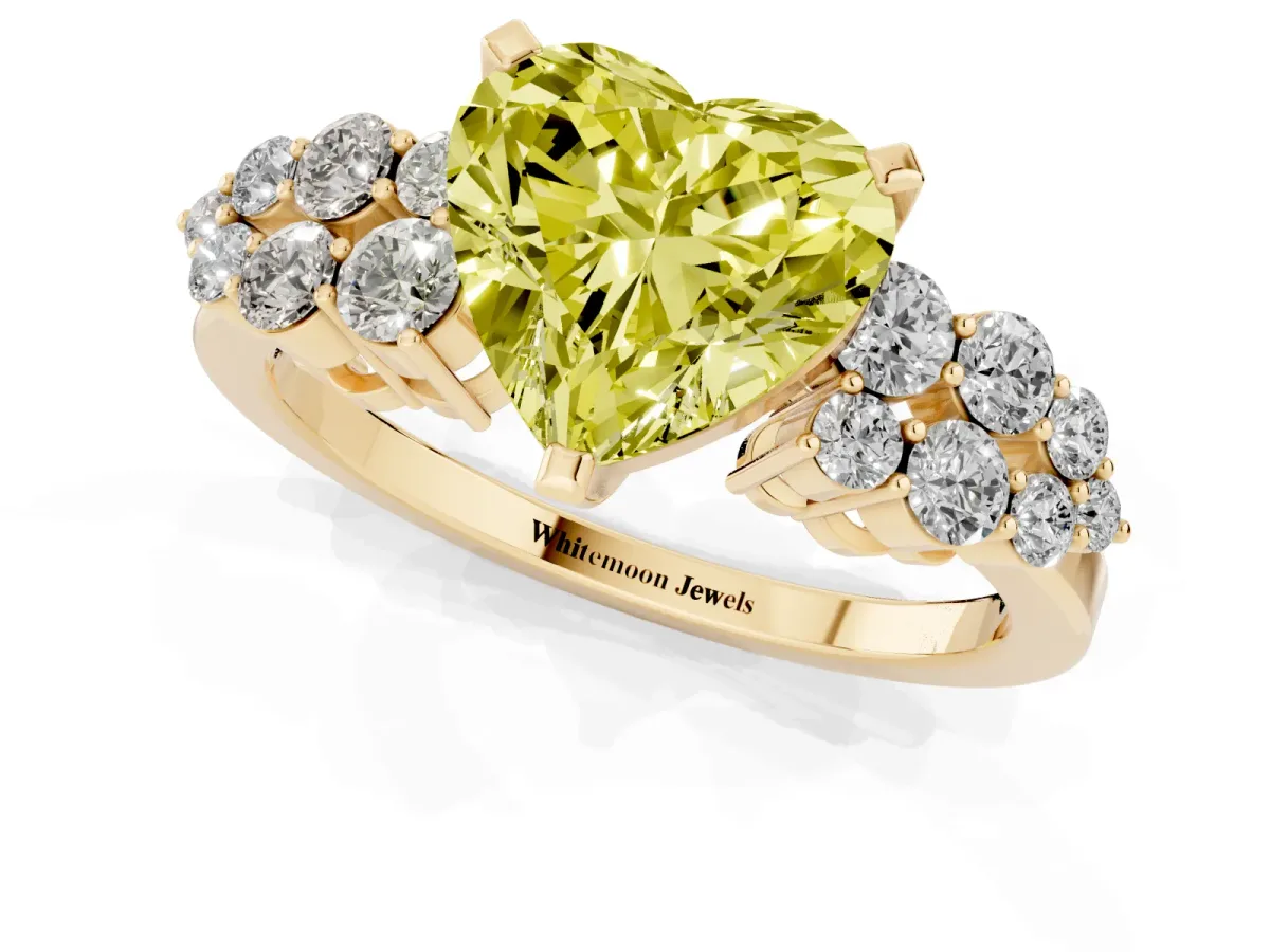 Fancy Yellow Heart Cut Cluster Diamond Engagement Ring with Pavé Band and Four-Prong Setting Yellow gold
