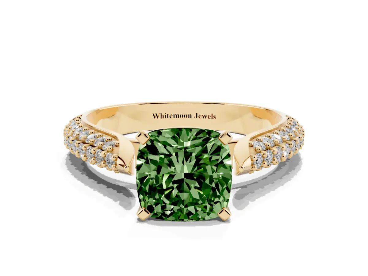 Fancy Green Cushion Cut Diamond Solitaire Engagement Ring with Multi-Row Round Pavé Band and Prong Setting Yellow gold