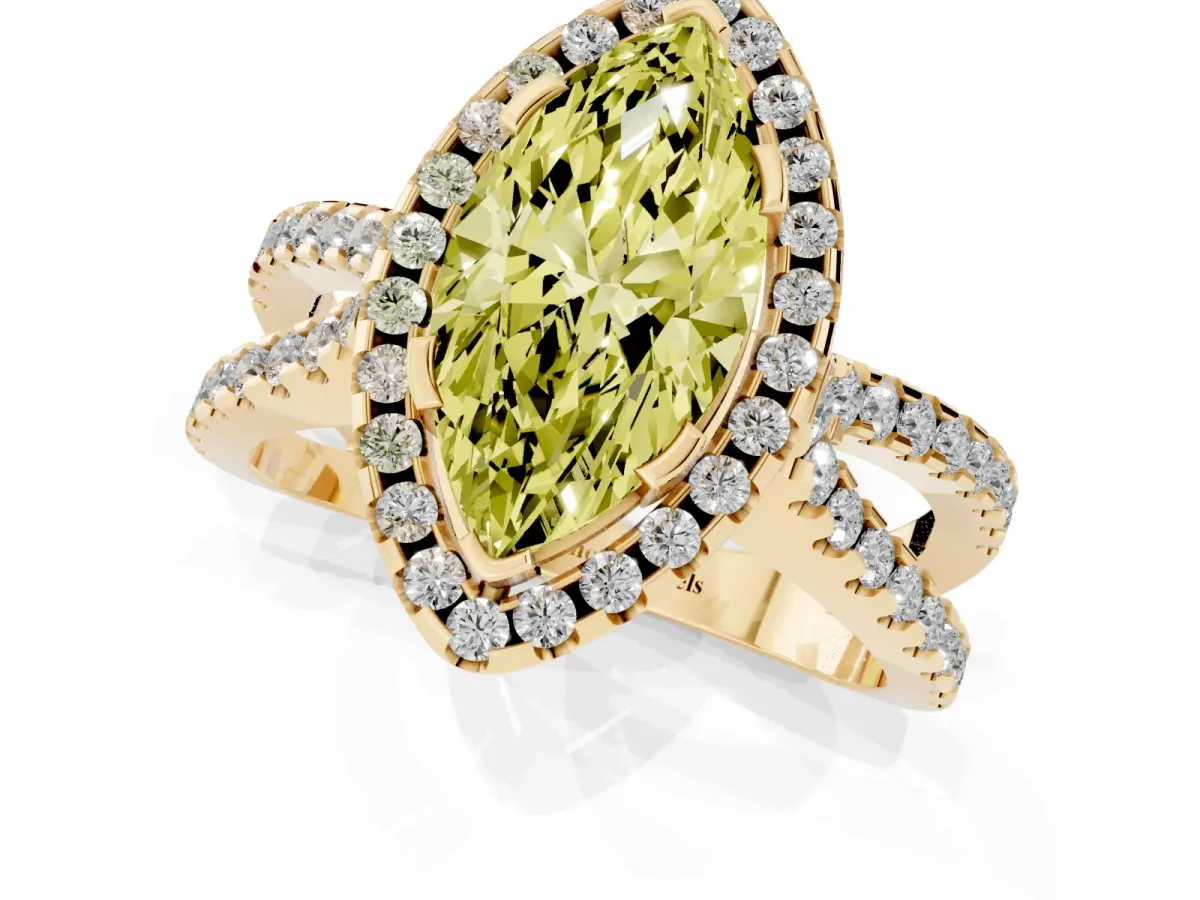 Fancy Yellow Marquise Cut Diamond Halo Ring with Split Shank Pavé Band and Prong Setting Yellow gold