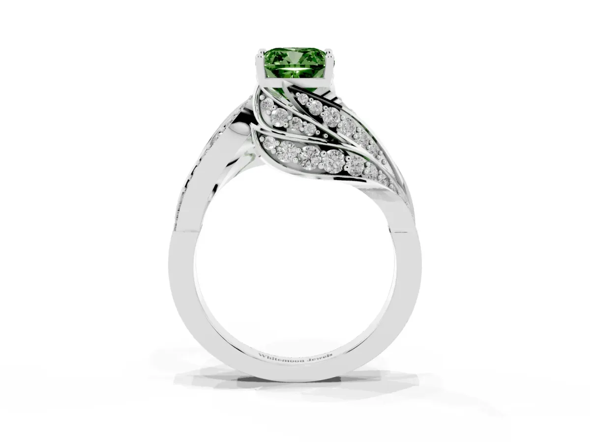 Fancy Green Cushion Cut Diamond Solitaire Ring with Prong Setting and Twisted Pavé Band Silver