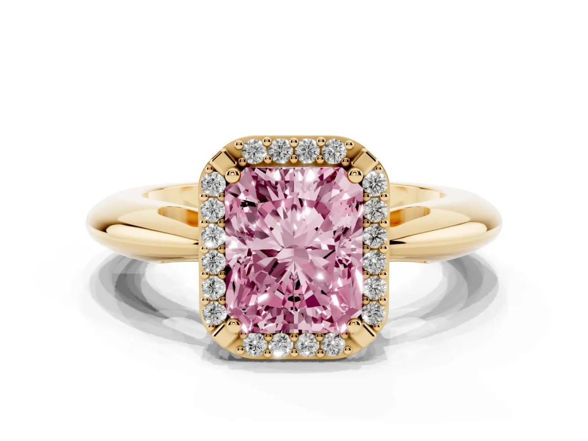 Fancy Pink Radiant Cut Cut Diamond Halo Engagement Ring with Split Shank and Four-Prong Setting Yellow gold