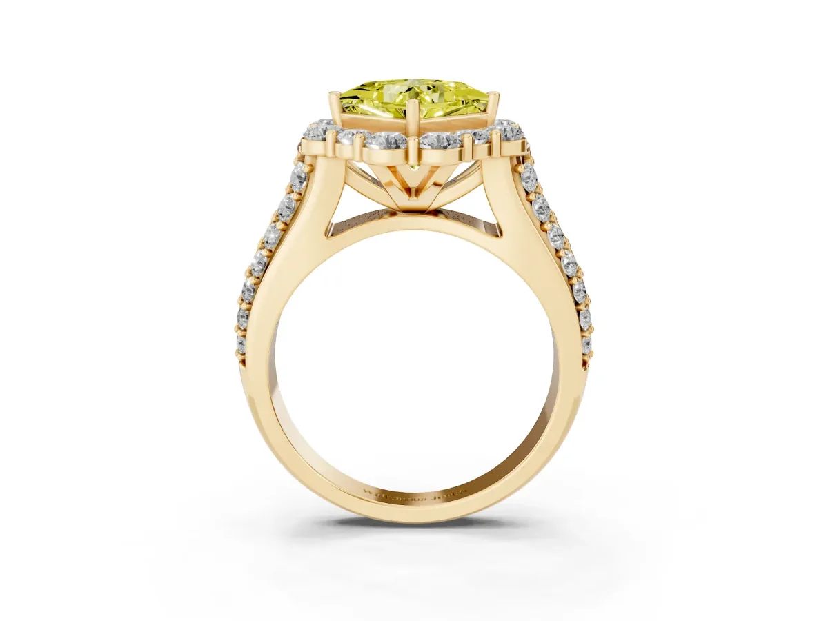 Fancy Yellow Princess Cut Halo Diamond Engagement Ring with Split Shank and Prong Setting Yellow gold