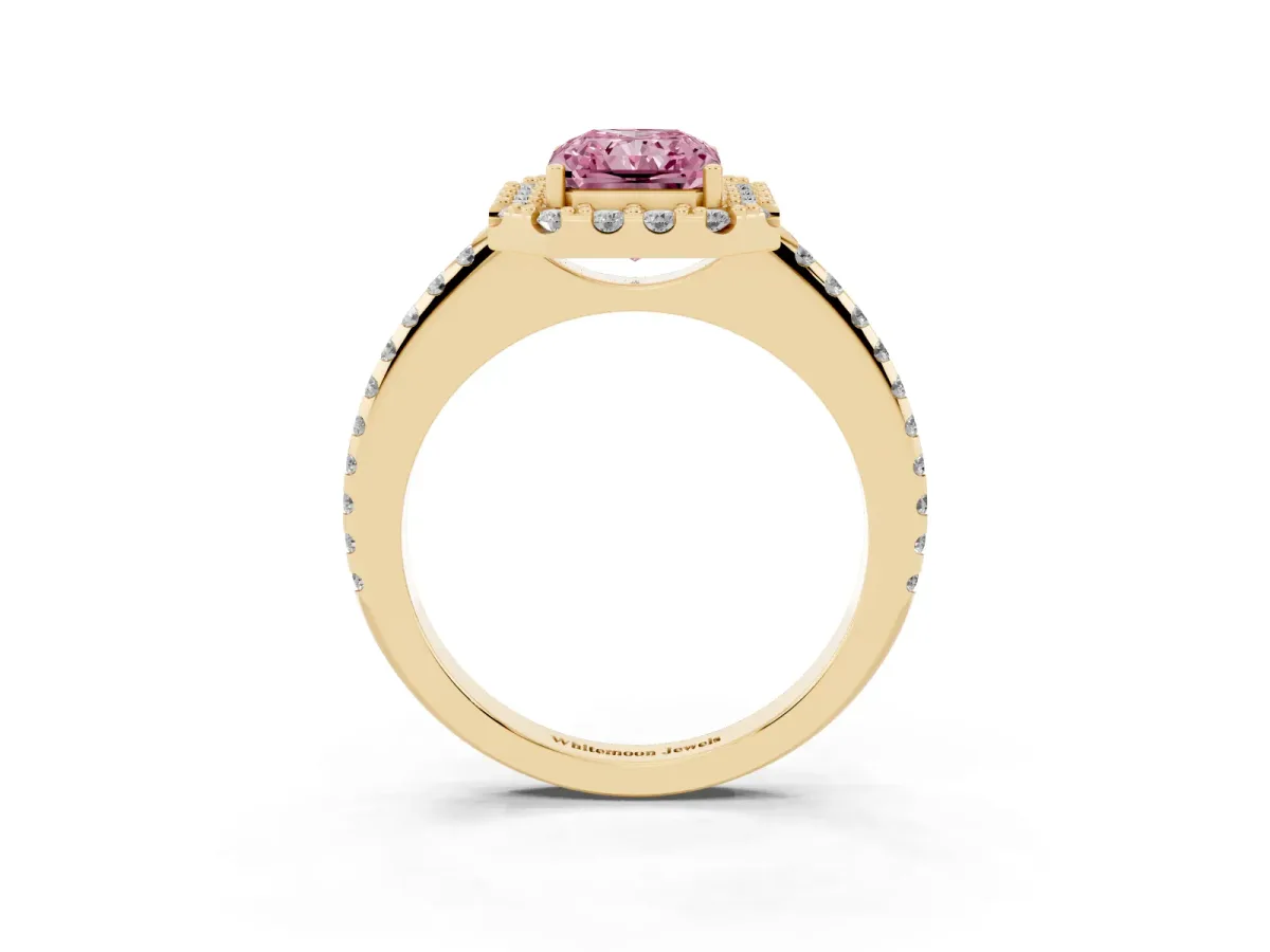 Fancy Pink Radiant Cut Diamond Pavé Halo Ring with Four-Prong Setting Yellow gold