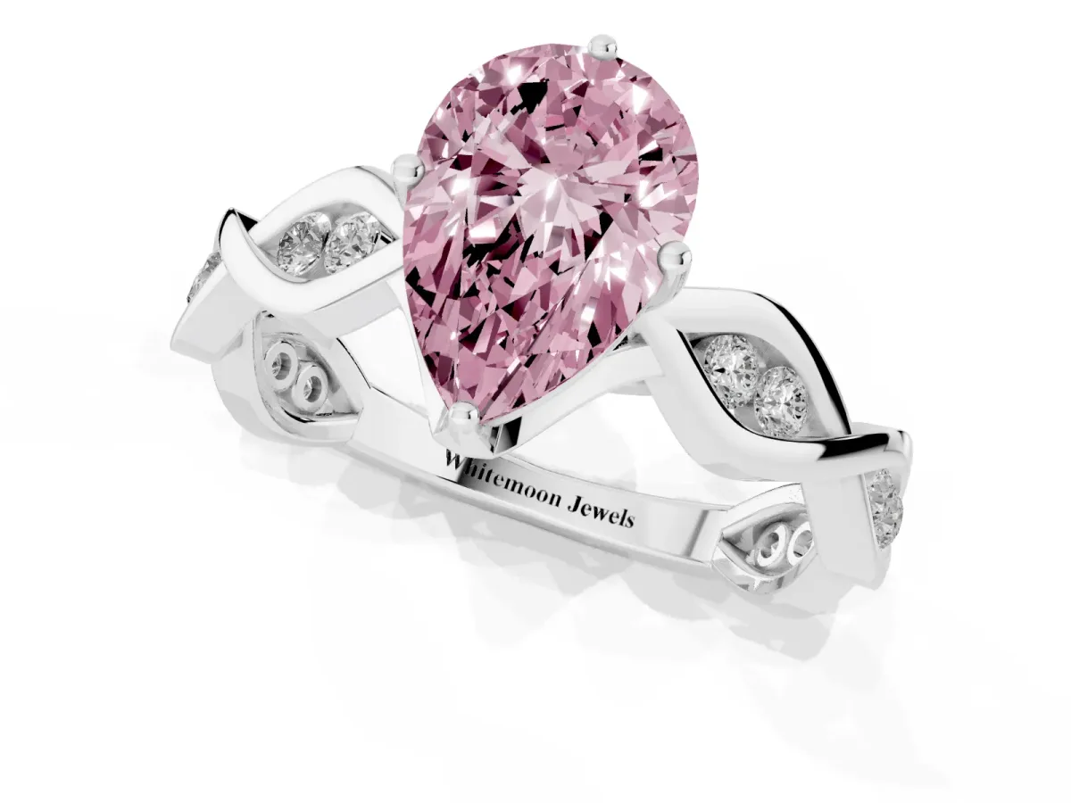 Fancy Pink Pear Cut Solitaire Twist Band with Leaf Prong Setting Platinum