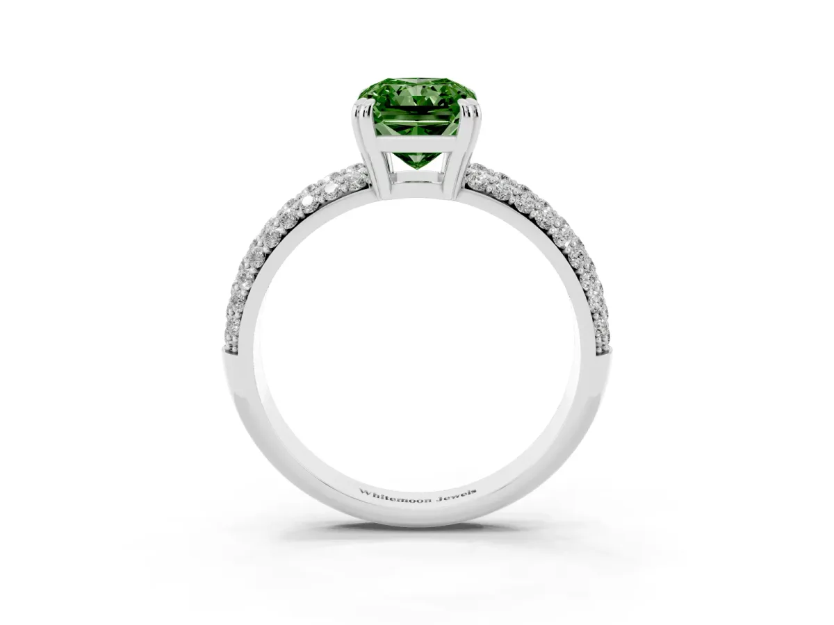 Fancy Green Radiant Cut Diamond Solitaire Ring with Multi-Row Round Pavé Band and Prong Setting White gold