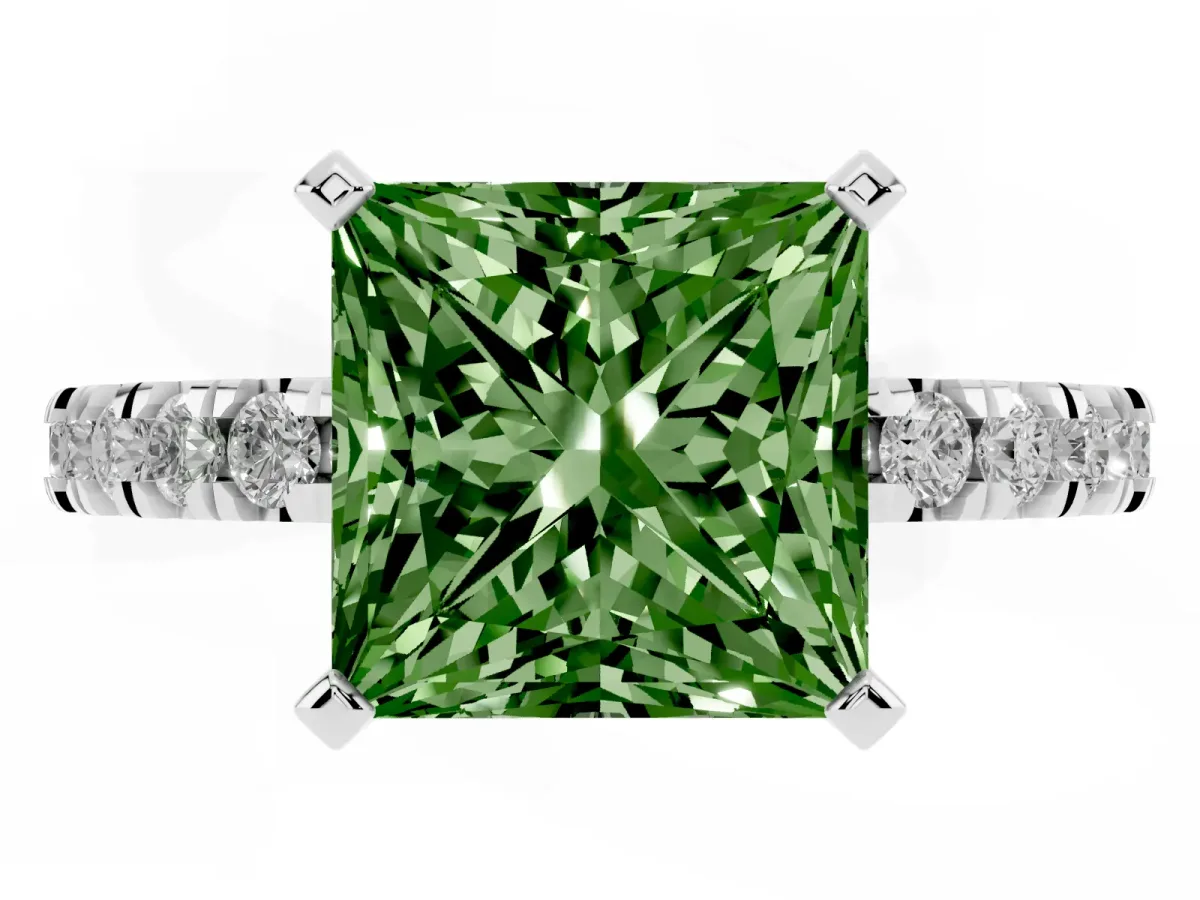 Fancy Green Princess Cut Diamond Pavé Band Solitaire with Four-Prong Setting Silver