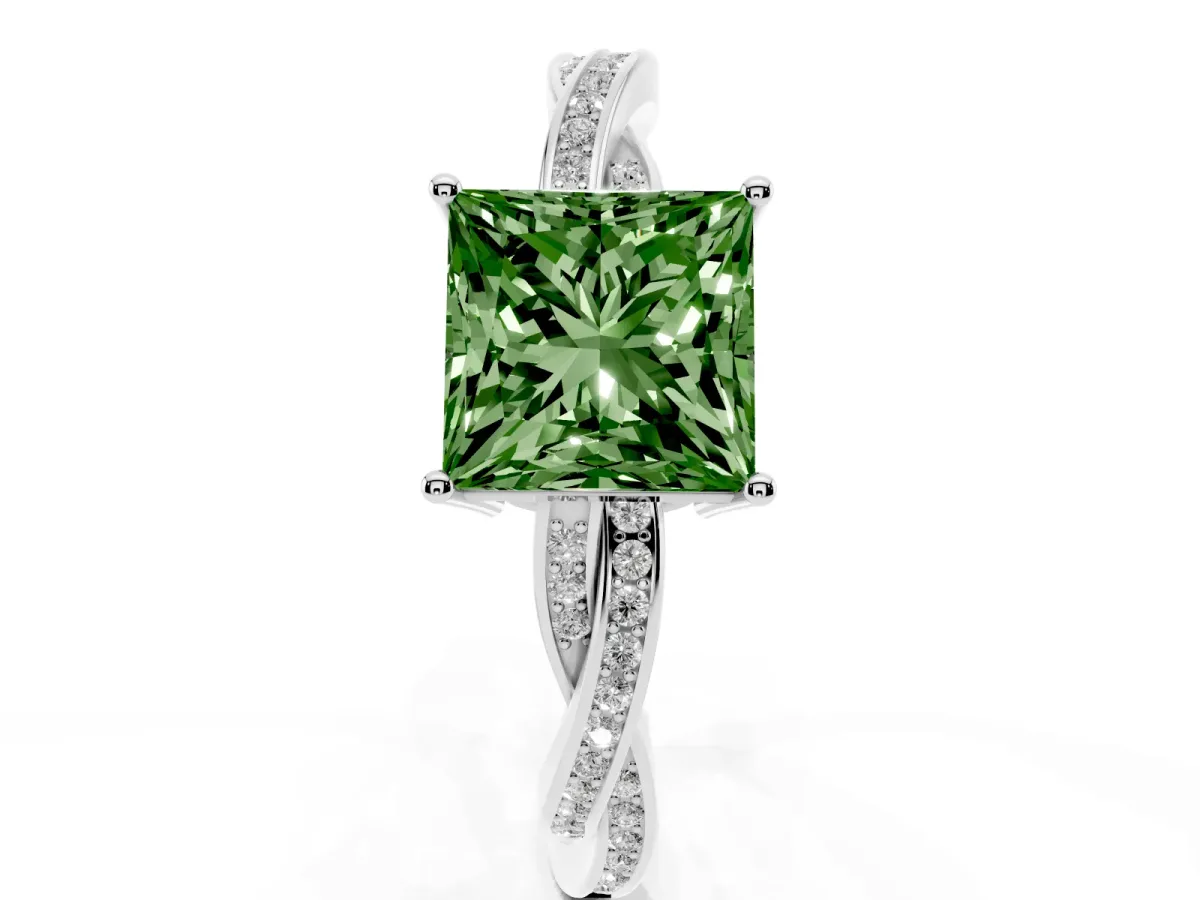 Fancy Green Princess Cut Solitaire Twisted Pave Diamond Ring with Four-Prong Setting Silver