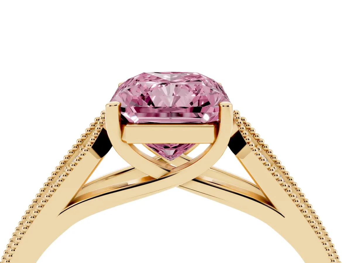 Fancy Pink Radiant Cut Cut Pave Split Shank Engagement Ring with Four-Prong Setting Yellow gold