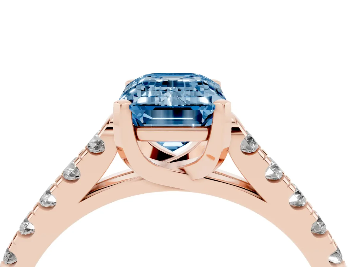 Fancy Blue Emerald Cut Diamond Pavé Band Solitaire Ring with Prong Setting Rose gold