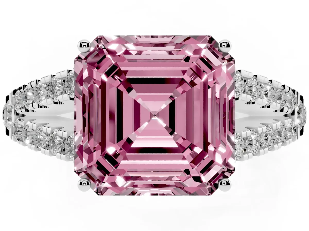 Fancy Pink Asscher Cut Diamond Split Shank Pavé Engagement Ring with Four-Prong Setting Silver