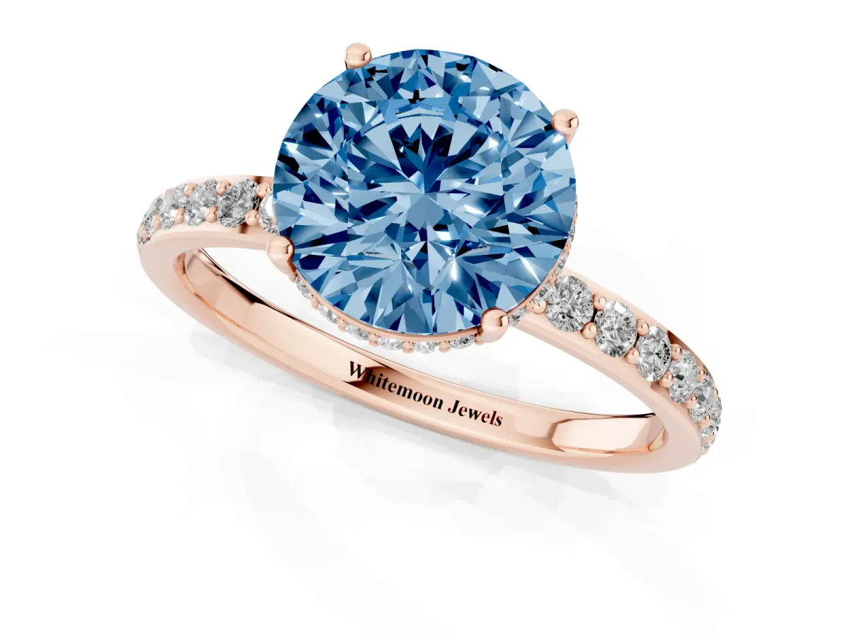 Fancy Blue Round Cut Diamond Solitaire Ring with Pavé Band and Hidden Halo Rose gold