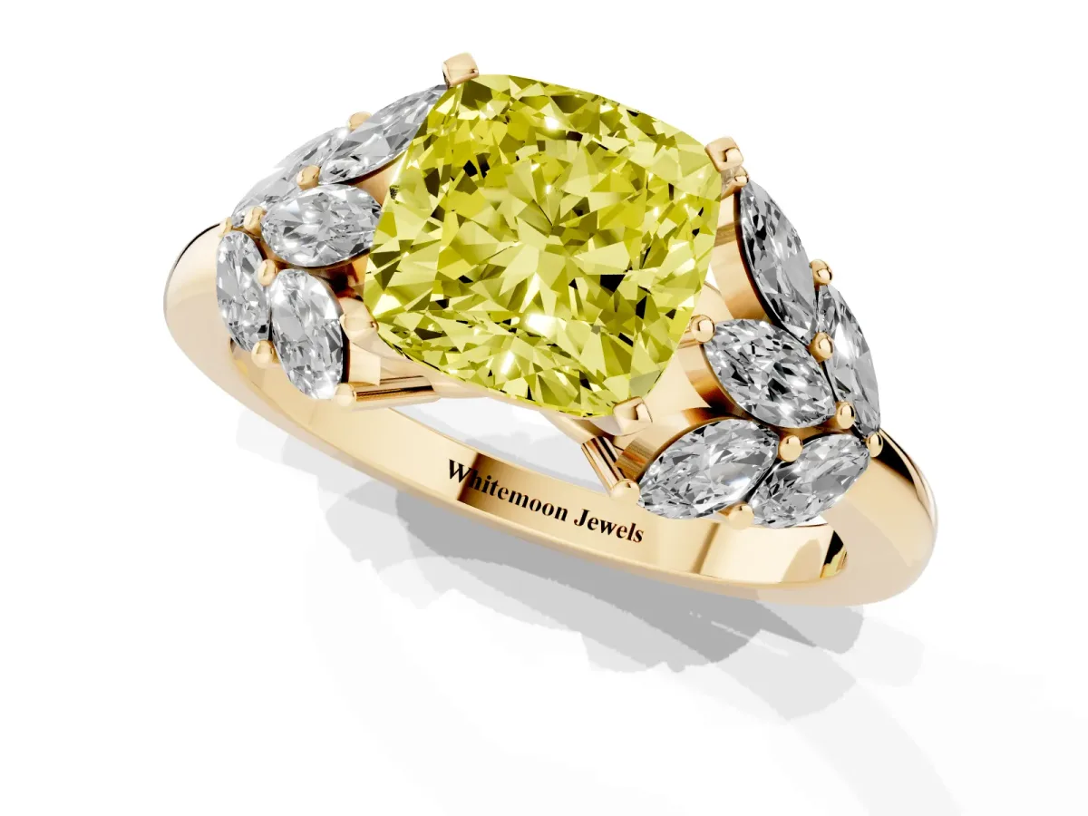 Fancy Yellow Cushion Cut Diamond Cluster Leaf Design Ring with Prong Setting Yellow gold