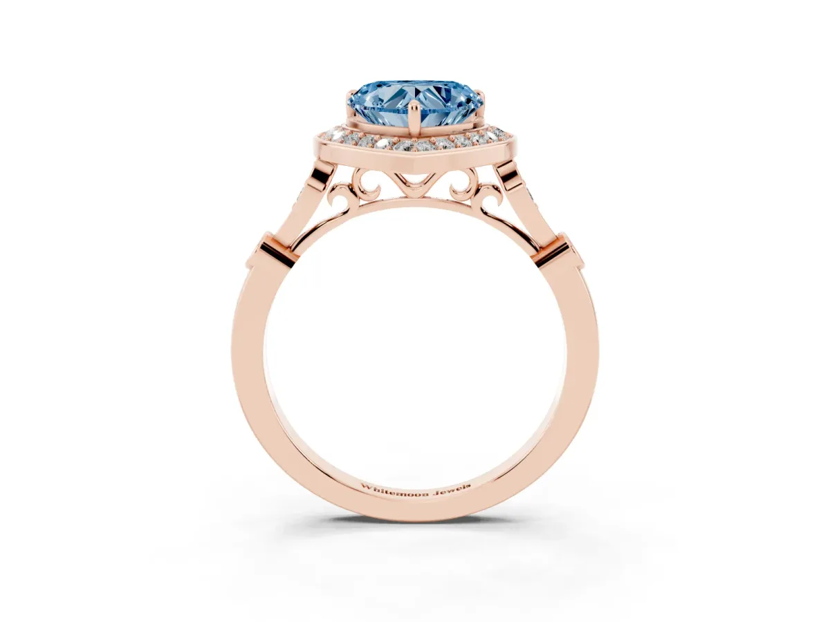 Fancy Blue Heart Cut Halo Diamond Engagement Ring with Twisted Band and Four-Prong Setting Rose gold