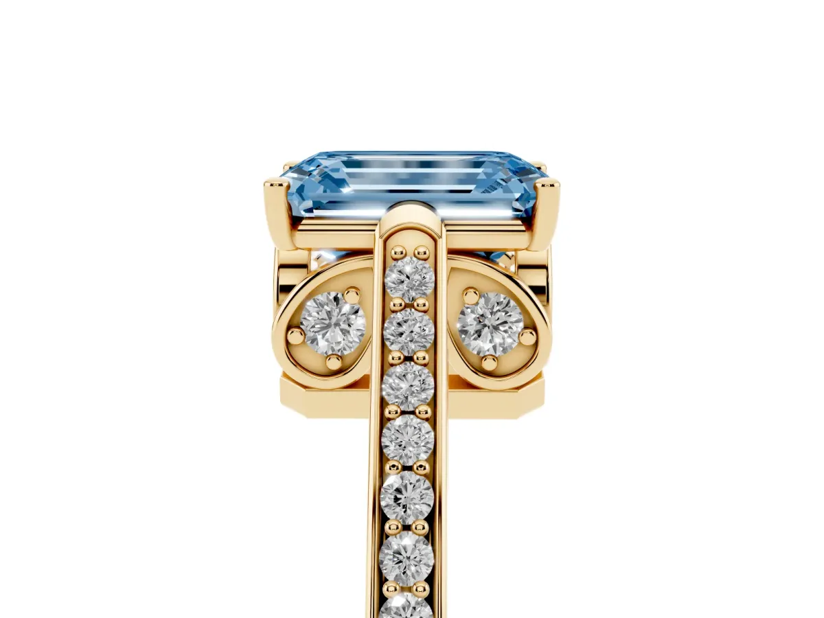 Fancy Blue Emerald Cut Cut Cathedral Pave Diamond Engagement Ring with Six-Prong Setting Yellow gold