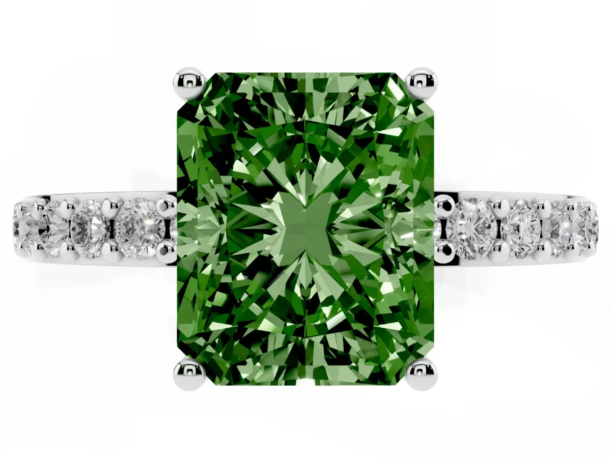 Fancy Green Radiant Cut Cut Diamond Solitaire with Pave Band and Four-Prong Setting Silver