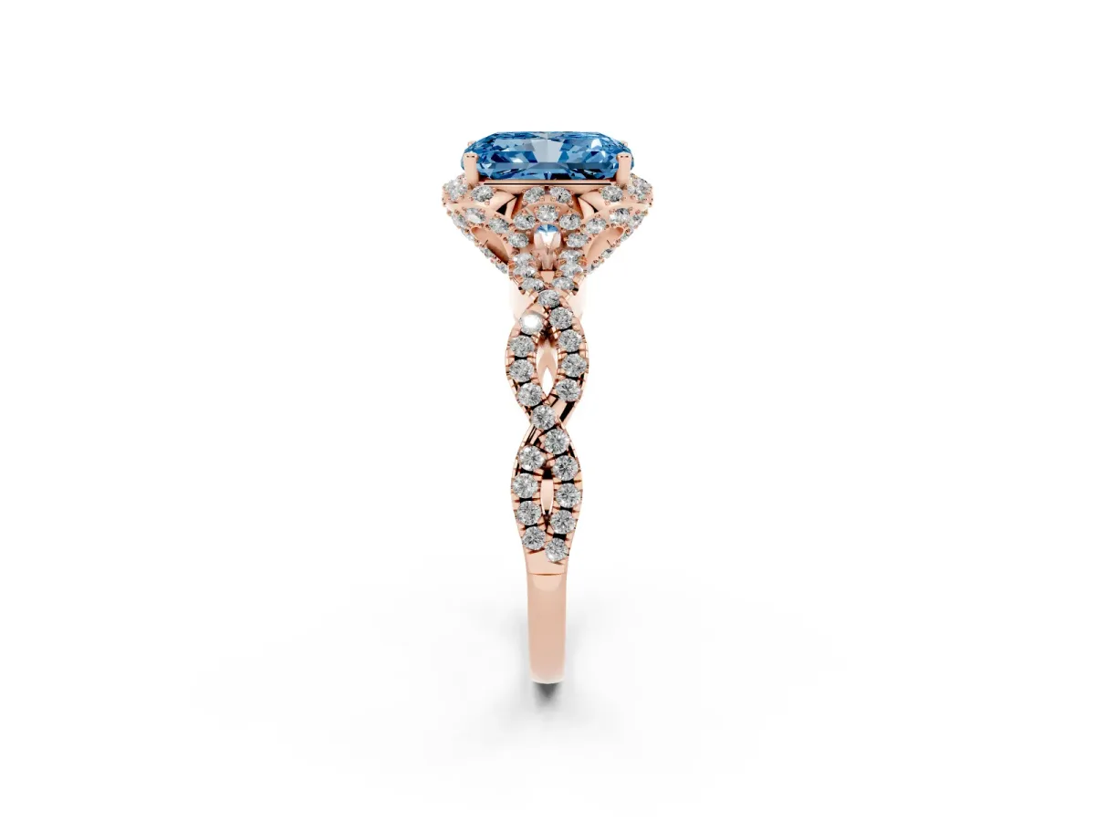 Fancy Blue Radiant Cut Halo Twist Band Solitaire Ring with Six-Prong Setting Rose gold