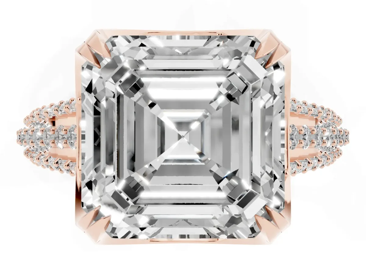 Asscher Cut Solitaire Pave Split Shank Ring with Four-Prong Setting Rose gold