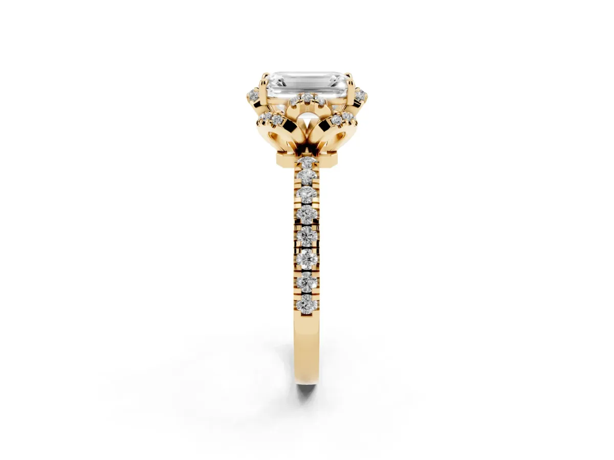 Emerald Cut Diamond Halo Pave Band with Four-Prong Setting Yellow gold