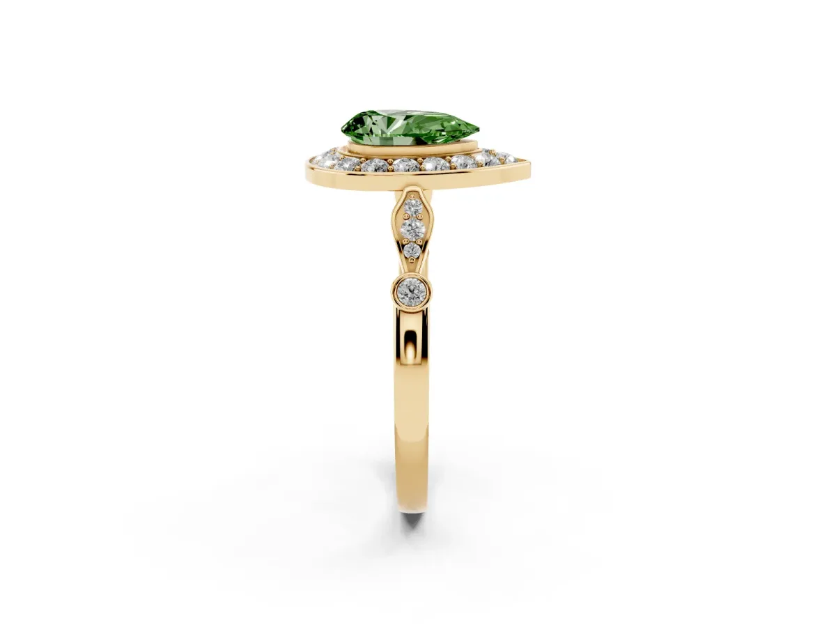 Fancy Green Pear Cut Halo Diamond Engagement Ring with Twisted Band and Four-Prong Setting Yellow gold