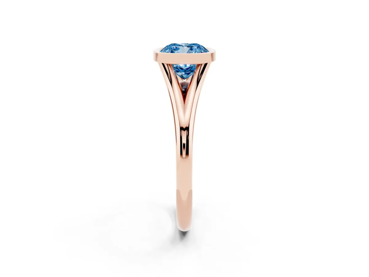 Fancy Blue Bezel Set Cushion Cut Cut Solitaire Ring with Tapered Band Rose gold
