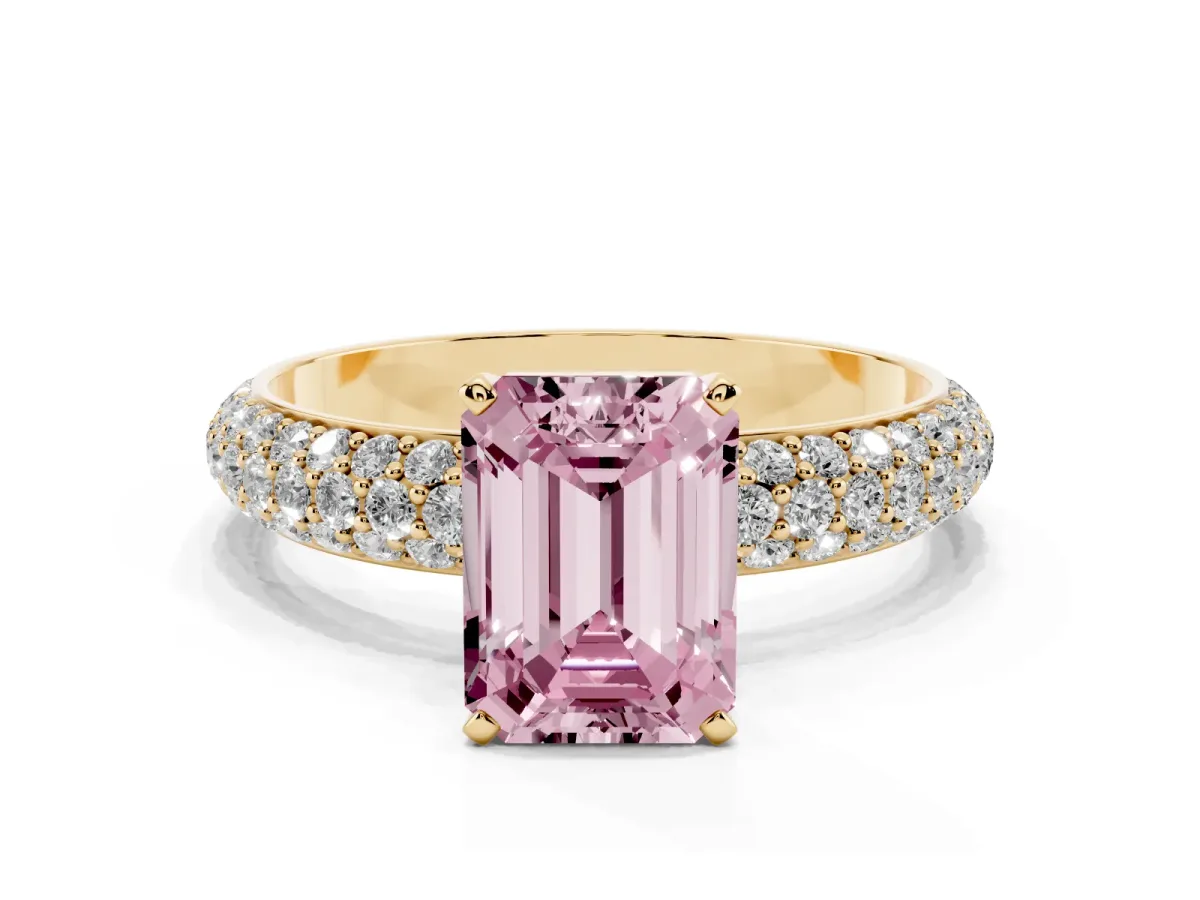 Fancy Pink Emerald Cut Diamond Solitaire Ring with Prong Setting and Pavé Band Yellow gold