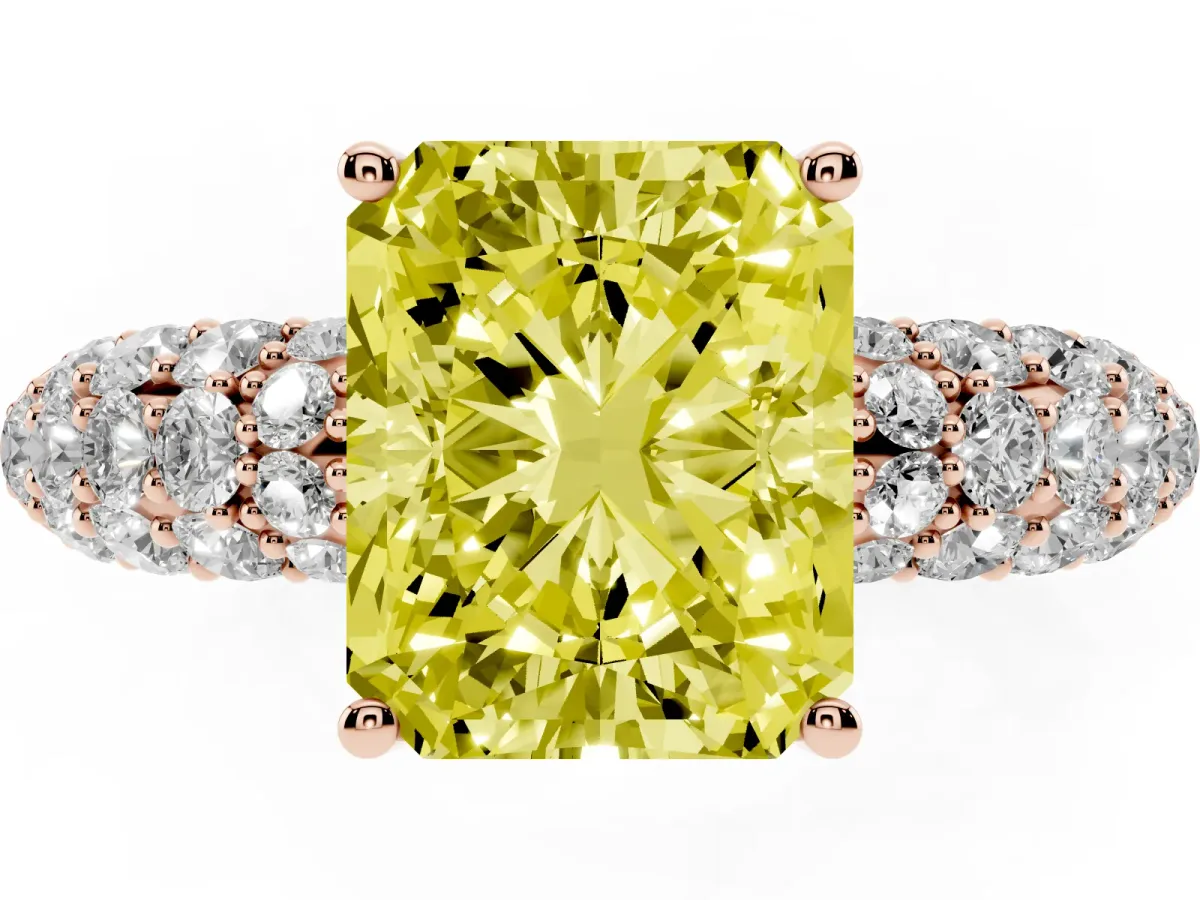 Fancy Yellow Radiant Cut Diamond Pavé Band Solitaire Ring with Four-Prong Setting Rose gold
