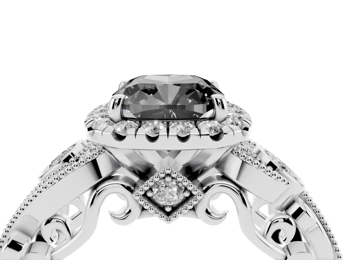 Fancy Black Cushion Cut Halo Diamond Ring with Milgrain and Bezel Accents on a Split Shank Band Platinum