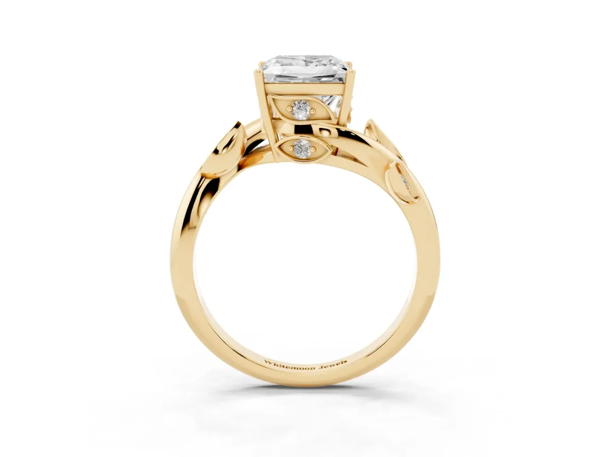 Princess Cut Solitaire Twist Engagement Ring with Leaf Accents and Prong Setting Yellow gold
