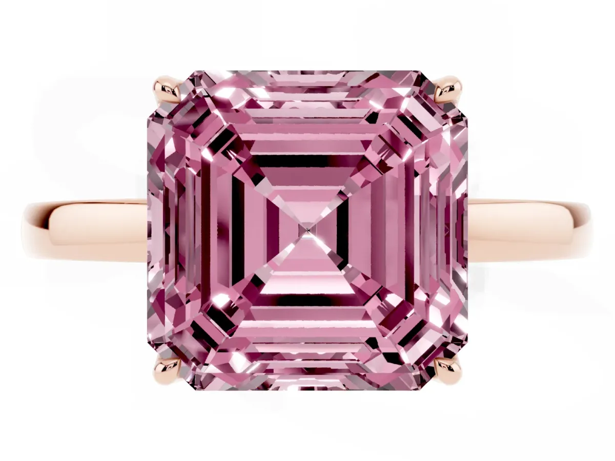 Fancy Pink Asscher Cut Diamond Solitaire Ring with Thin Band and Prong Setting Rose gold