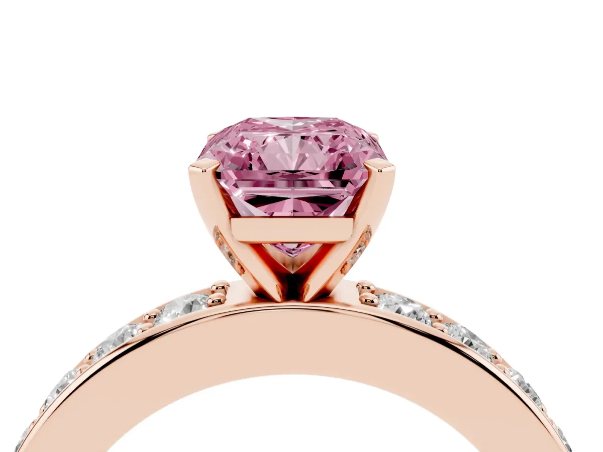 Fancy Pink Radiant Cut Diamond Engagement Ring with Channel Set Round Band and Prong Setting Rose gold