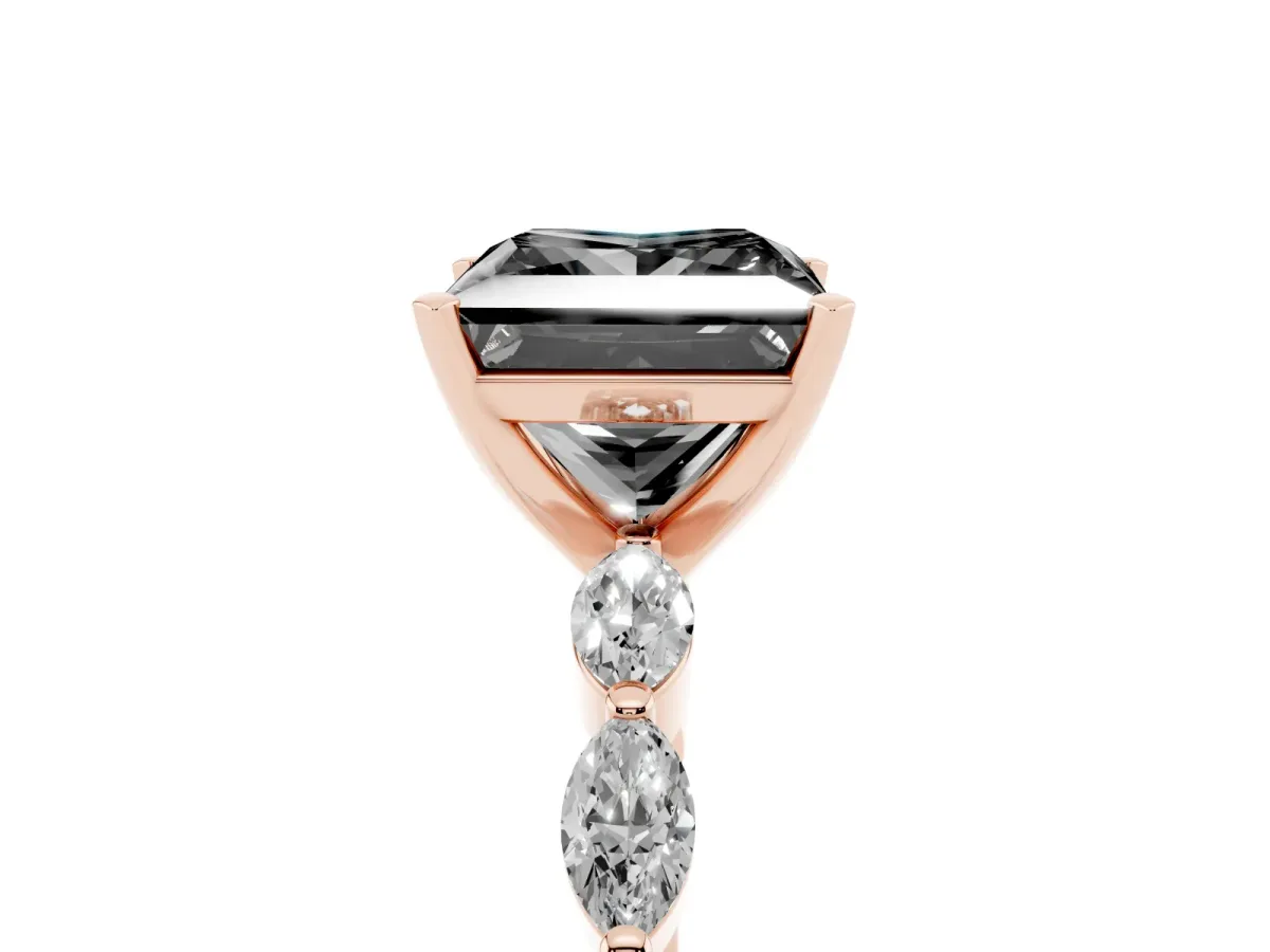 Fancy Black Princess Cut Diamond Ring with Marquise Side Stones and Prong Setting Rose gold