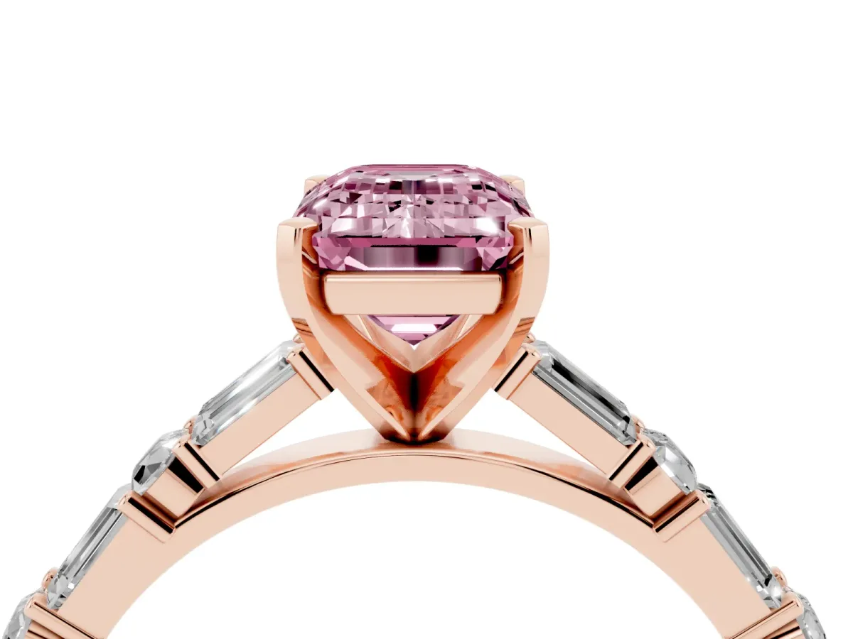 Fancy Pink Emerald Cut Diamond Solitaire with Side Baguettes and Channel Set Band Rose gold