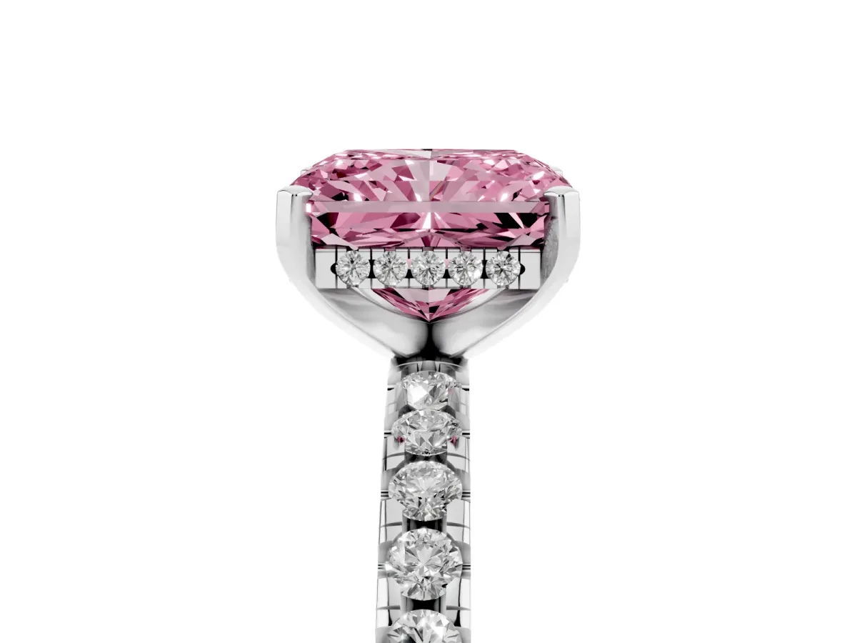 Fancy Pink Radiant Cut Diamond Solitaire Ring with Round Pavé Band and Four-Prong Setting Silver