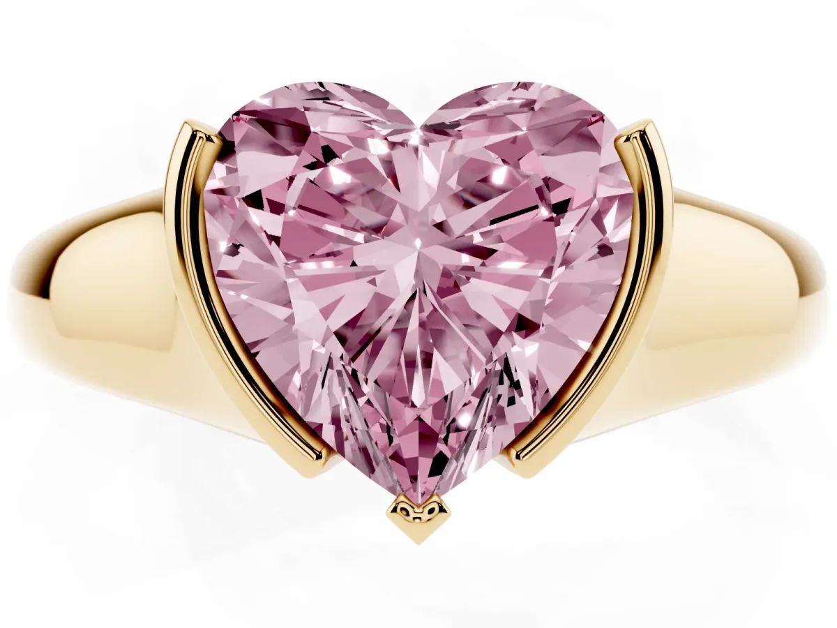 Fancy Pink Heart Cut Solitaire Tension Set Diamond Ring with Split Shank Band Yellow gold
