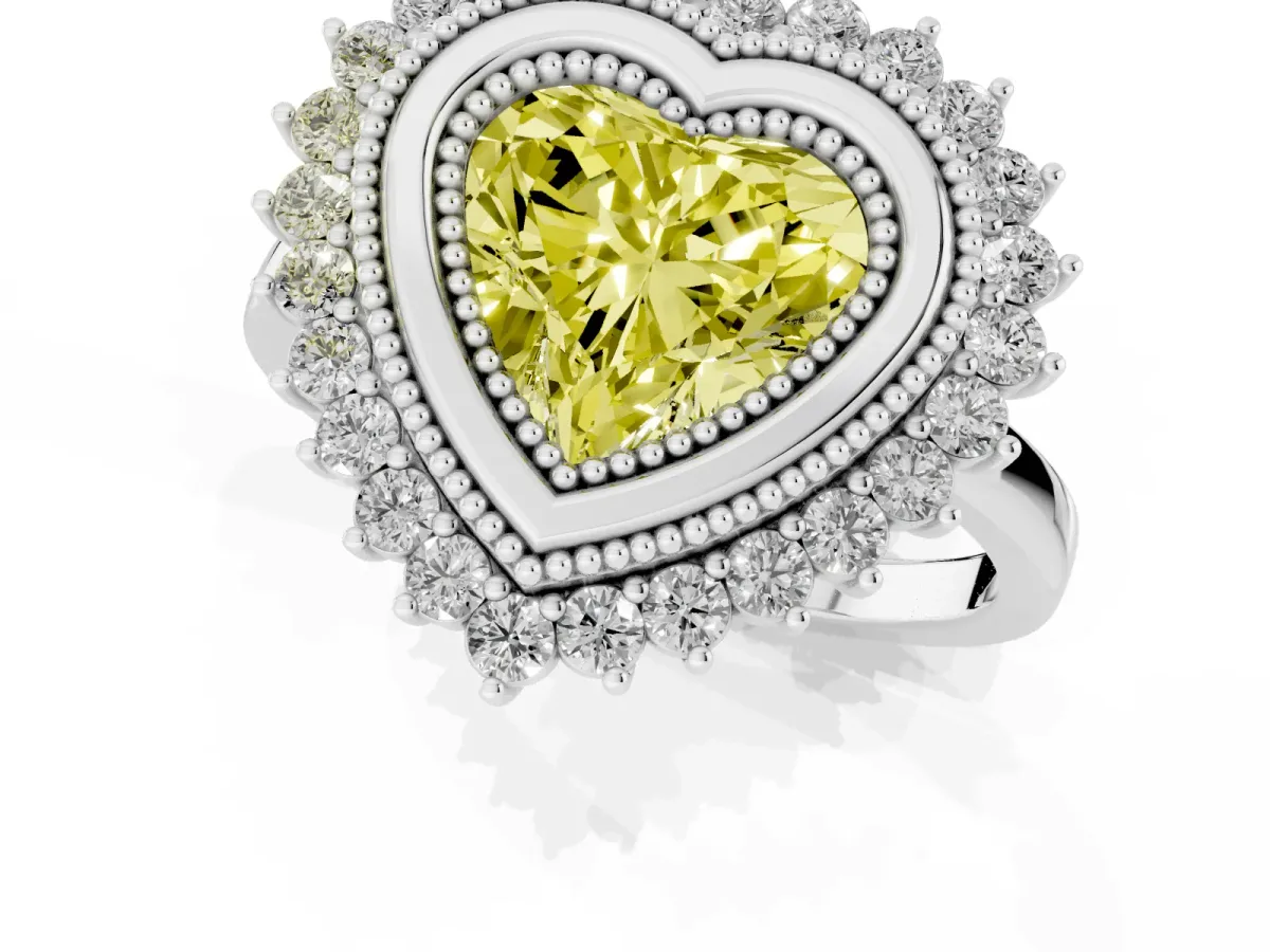 Fancy Yellow Heart Cut Halo Diamond Ring with Milgrain Edge and Round Prong Setting Silver