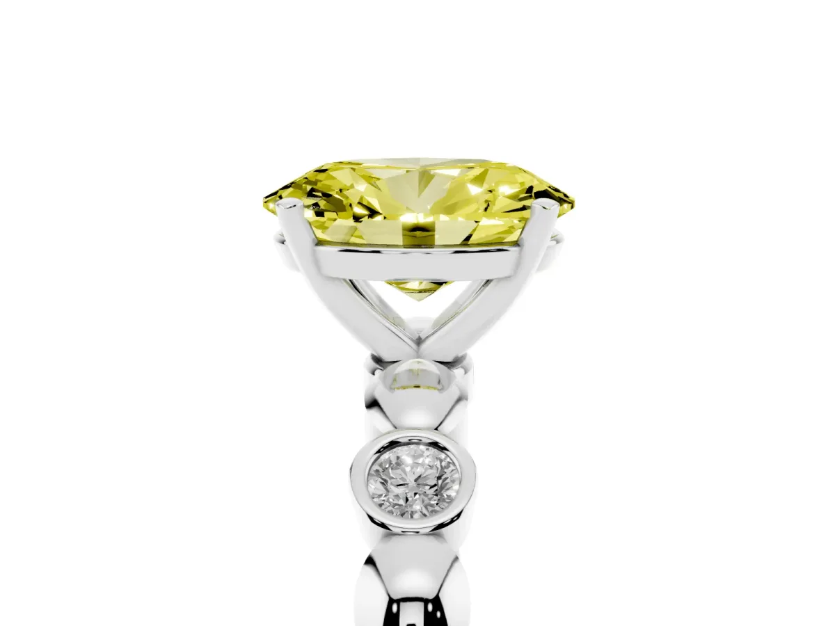 Fancy Yellow Oval Cut Solitaire Bezel-Set Diamond Ring with Beaded Band and Four-Prong Setting Silver