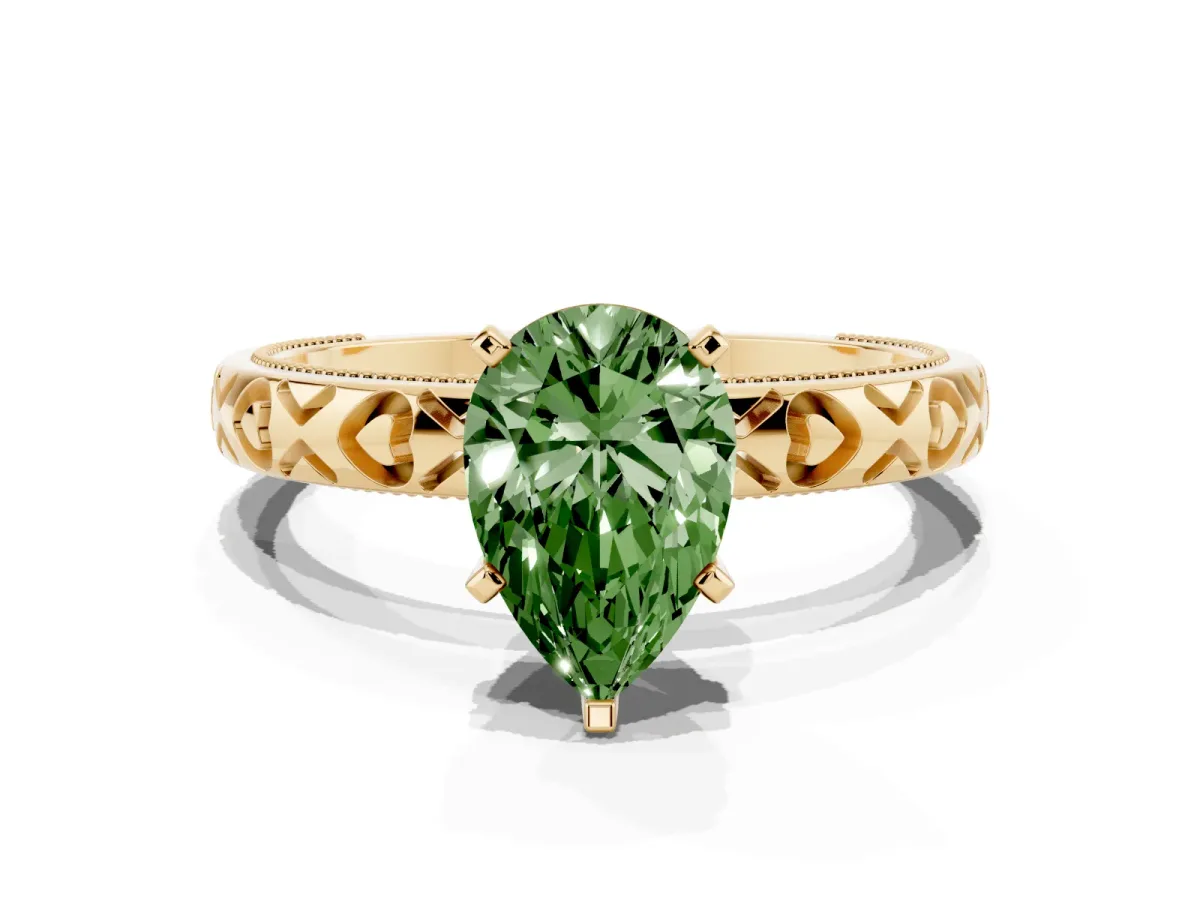Fancy Green Pear Cut Solitaire Diamond Engagement Ring with XO Engraved Band and Four-Prong Setting Yellow gold